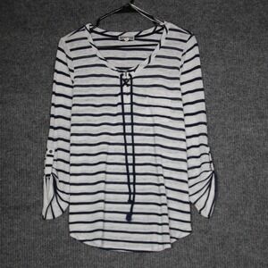 Pleione Womens Striped Long Sleeve Lace Up Tunic Top XL